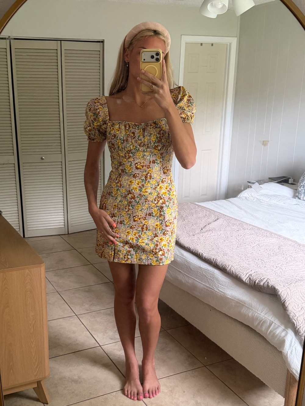 Floral Puff-Sleeve Mini Dress in Yellow